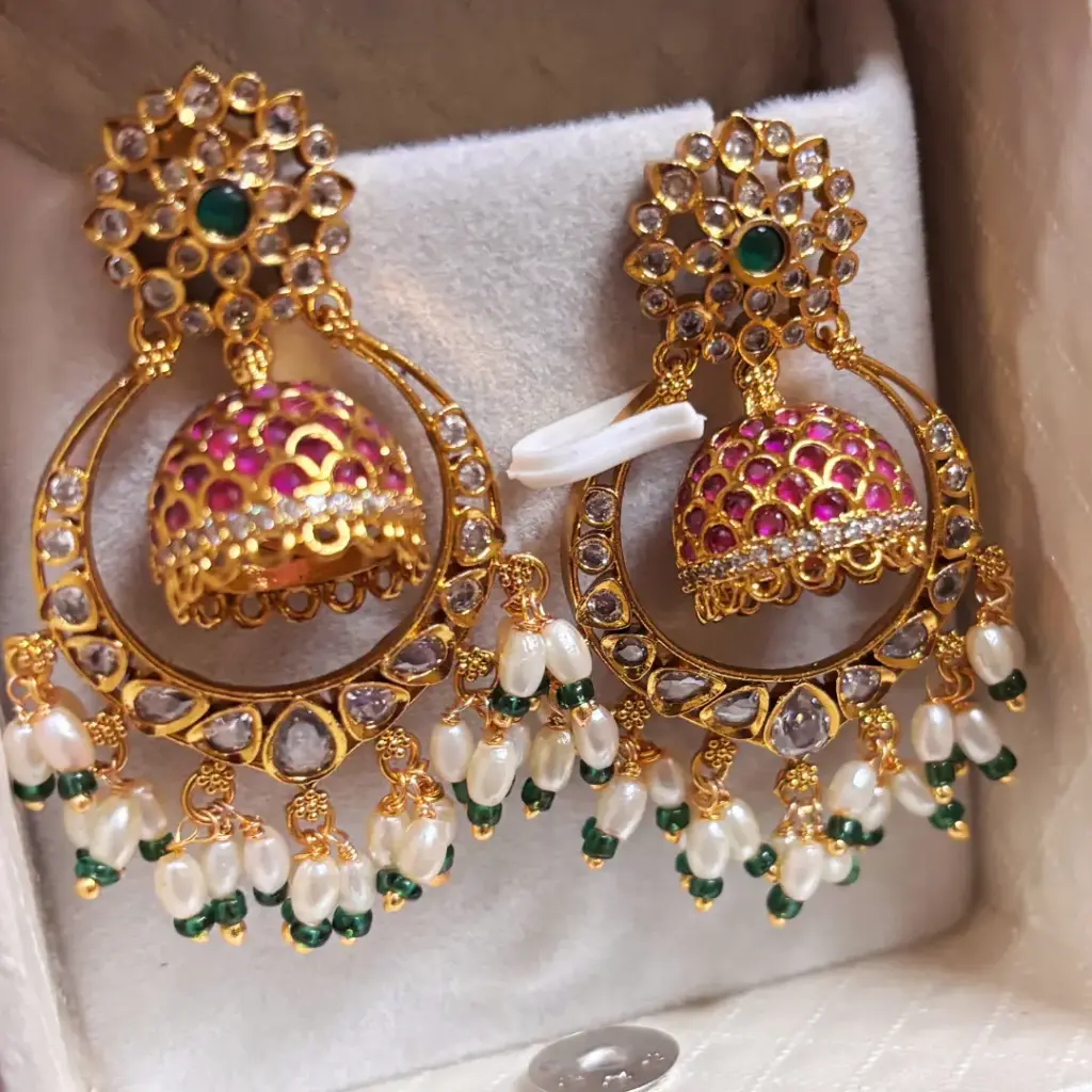 Vermilion Kundan Ruby Pearl Jhumkas