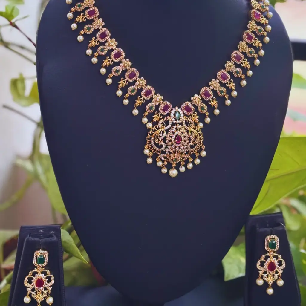 Antique Temple Necklace with Ruby, Emerald & Pearl Drops