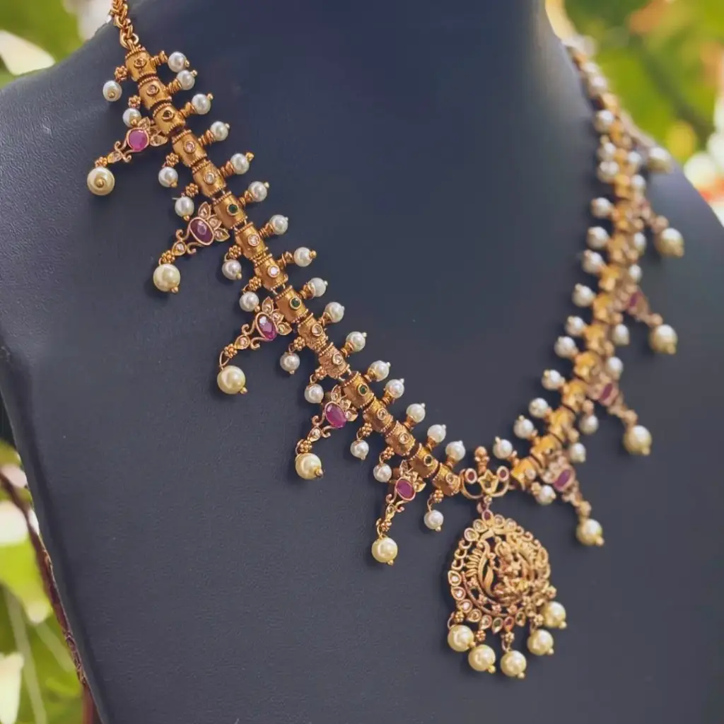 Lakshmi Pearl Temple Necklace Set – Antique Finish