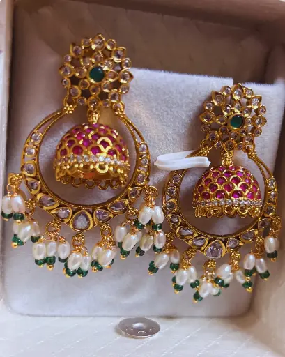 Vermilion Kundan Ruby Pearl Jhumkas