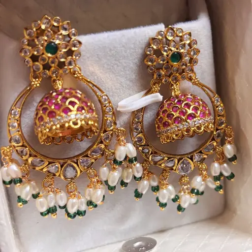 Vermilion Kundan Ruby Pearl Jhumkas