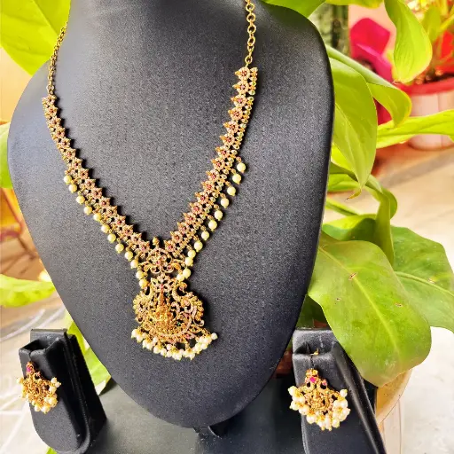 Lakshmi Temple Necklace Set with Pearl Drops