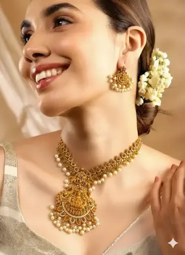 Lakshmi Temple Necklace Set with Pearl Drops