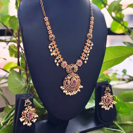 Gold-Toned Temple Set with Ruby & Pearl Accents