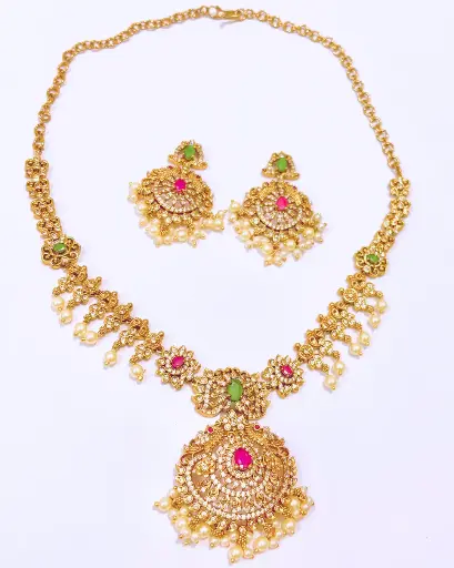 Gold-Toned Temple Set with Ruby & Pearl Accents