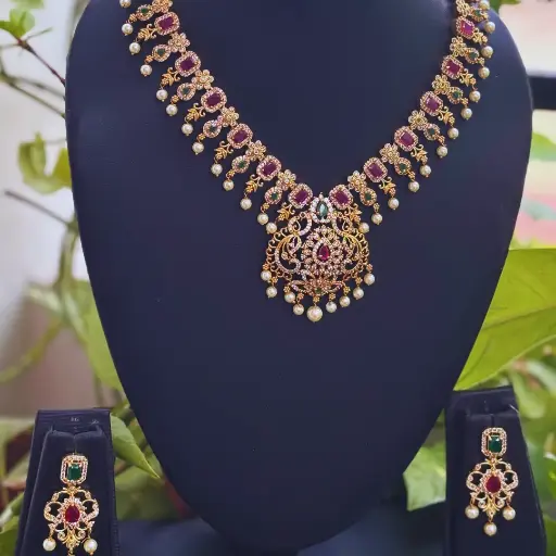 Antique Temple Necklace with Ruby, Emerald & Pearl Drops